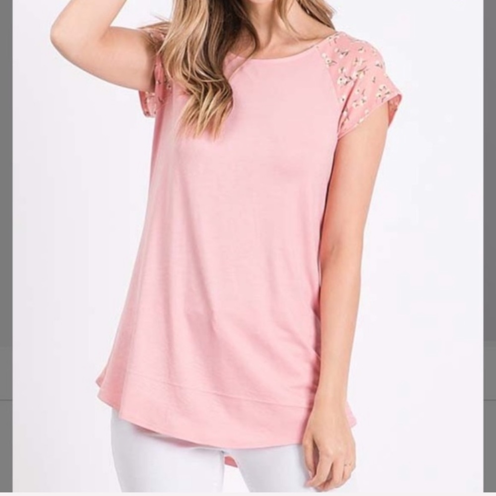 Blush & Banana Floral Contrast Cap-Sleeve Tee, M